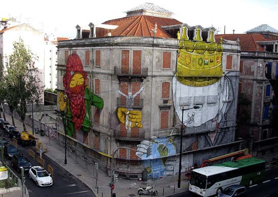 Collaboration with the Brazilian duo Os Gemeos in the streets of Lisbon in Portugal